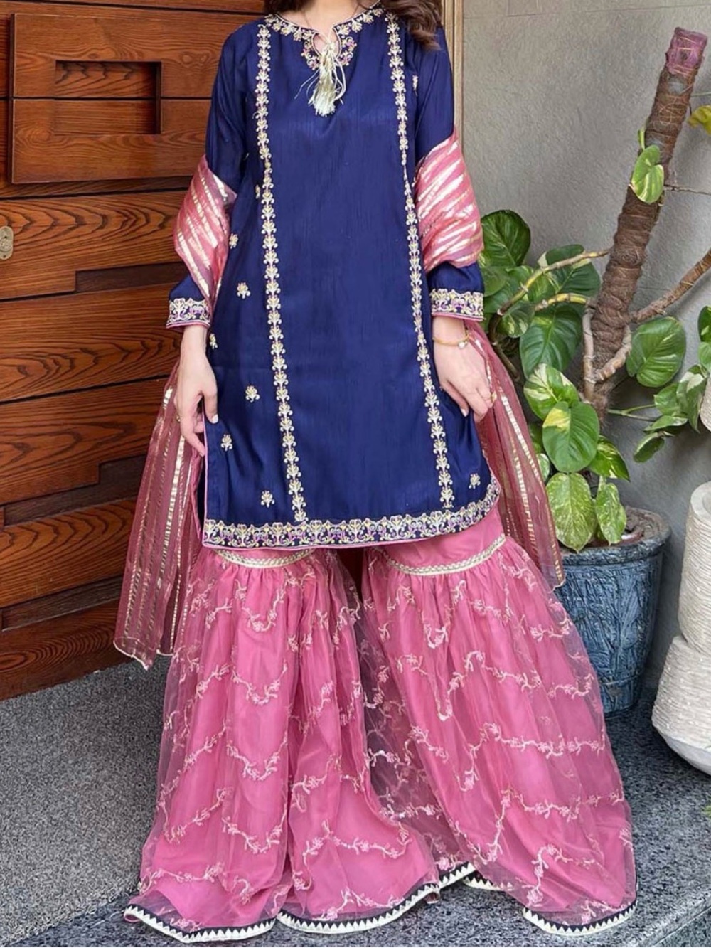 Embroidered blue and dusty rose gharara 3 piece MOMMY AND ME